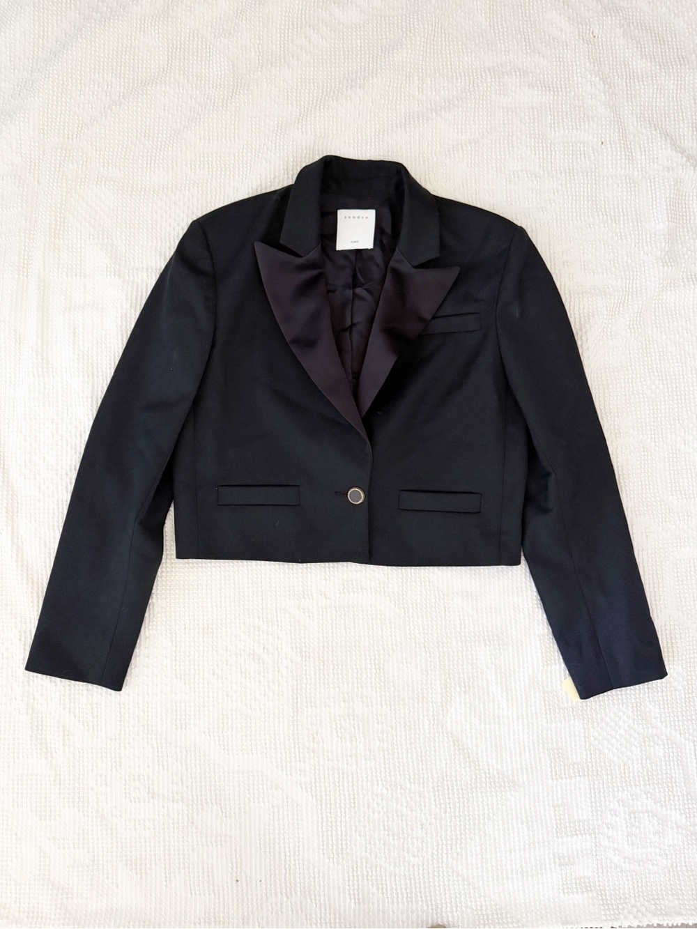 Sandro Tery Cropped Twill Blazer in Black Wool Blend Jacket